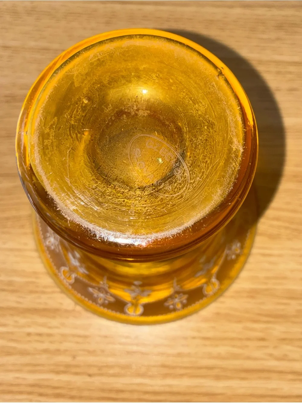 Amber Glass Pedestal Vase with White Hand-Painted Floral Design